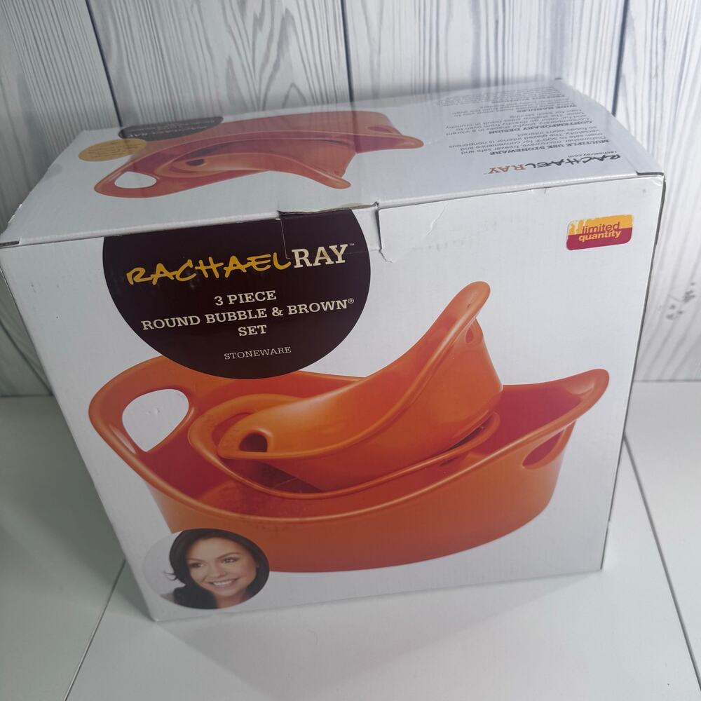 New In Box Rachael Ray Orange Ceramic 3 Pc. Round Bubble & Brown Set HTF